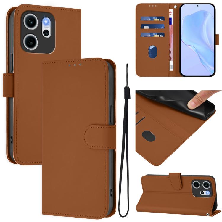 

For OPPO Reno14 F 5G Skin Feel Solid Color Leather Phone Case with Lanyard(Brown)