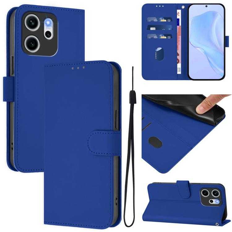

For OPPO Reno14 F 5G Skin Feel Solid Color Leather Phone Case with Lanyard(Dark Blue)