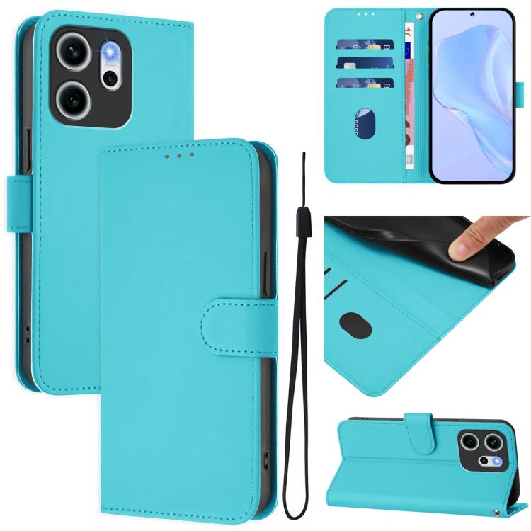 

For OPPO Reno14 F 5G Skin Feel Solid Color Leather Phone Case with Lanyard(Lake Blue)