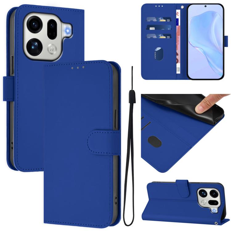 

For OPPO Find X9 Pro Skin Feel Solid Color Leather Phone Case with Lanyard(Dark Blue)