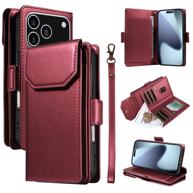 

For iPhone 17 Pro Multi Card Wallet Leather Phone Case with Strap(Red)