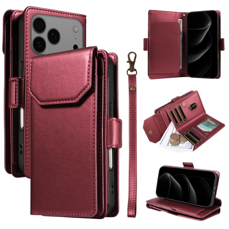 

For iPhone 17 Pro Max Multi Card Wallet Leather Phone Case with Strap(Red)