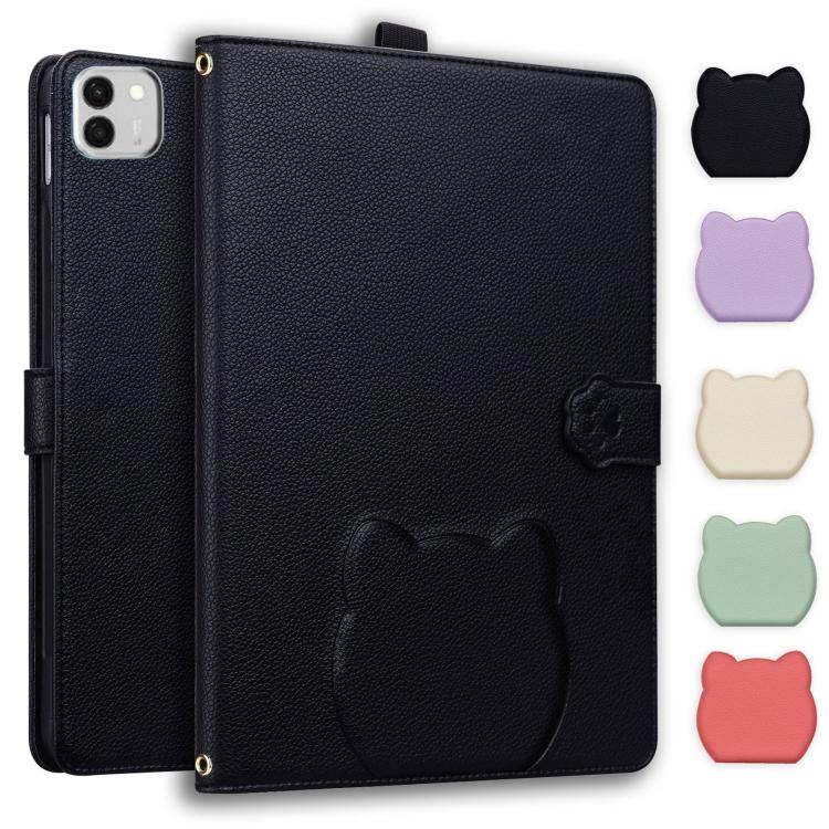 

For Honor MagicPad4 12.3 2025 Cat Skin-feel Litchi Leather Tablet Case(Black)