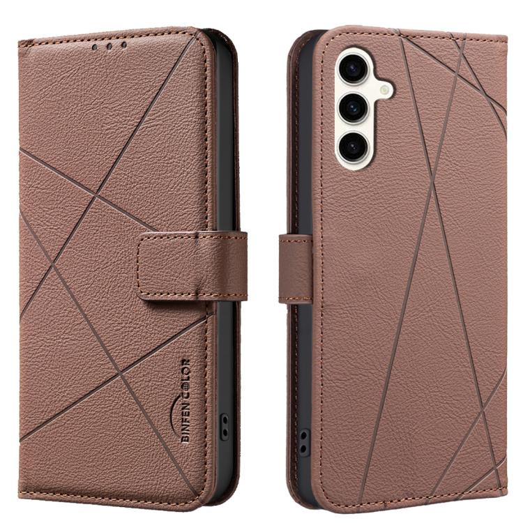 

For Samsung Galaxy M36 5G Geometric Pattern RFID Leather Phone Case(Brown)