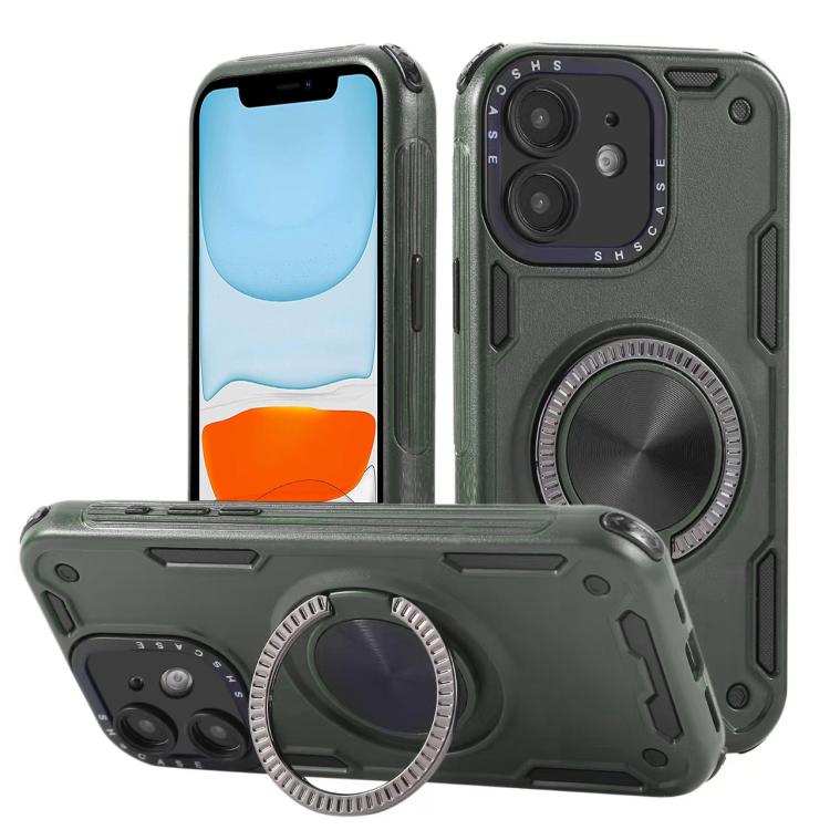 

For iPhone 11 Three-core Mecha 360 Degree Rotation Magnetic Holder Phone Case(Army Green)