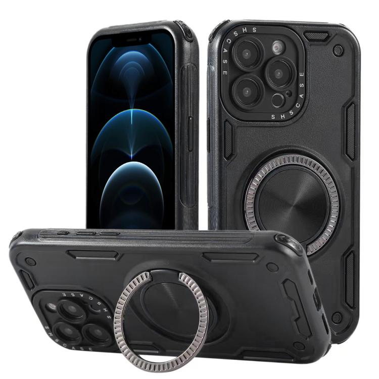 

For iPhone 12 Pro Three-core Mecha 360 Degree Rotation Magnetic Holder Phone Case(Black)
