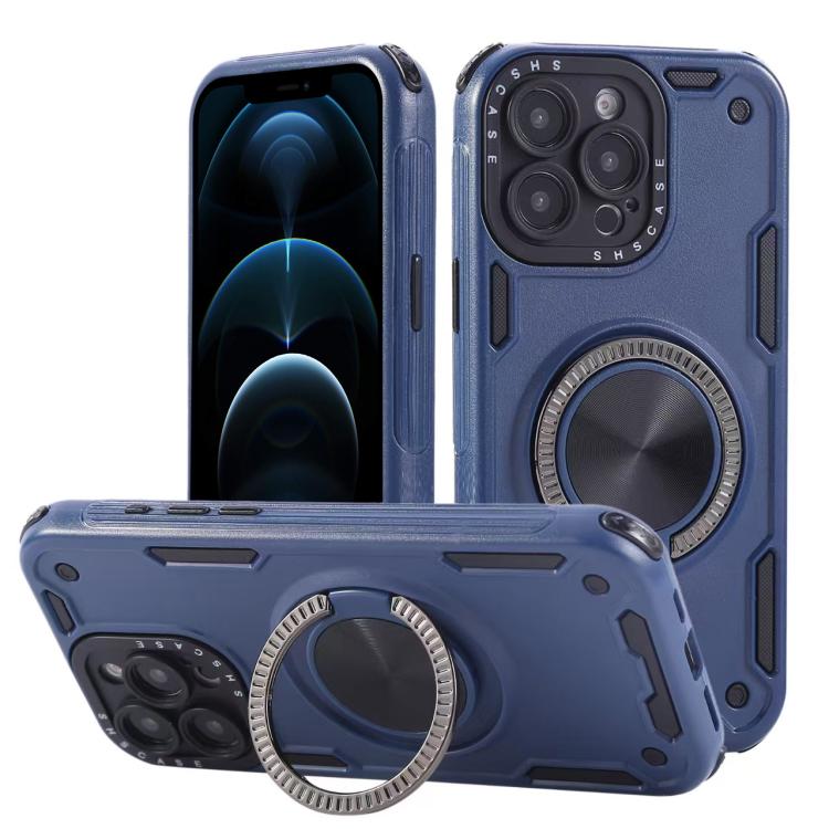 

For iPhone 12 Pro Three-core Mecha 360 Degree Rotation Magnetic Holder Phone Case(Royal Blue)
