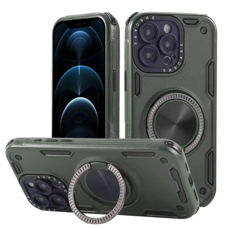 

For iPhone 12 Pro Three-core Mecha 360 Degree Rotation Magnetic Holder Phone Case(Army Green)