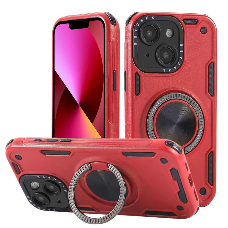 

For iPhone 13 Three-core Mecha 360 Degree Rotation Magnetic Holder Phone Case(Red)