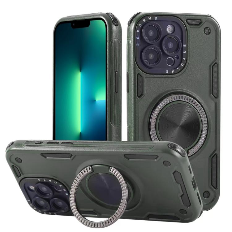 

For iPhone 13 Pro Max Three-core Mecha 360 Degree Rotation Magnetic Holder Phone Case(Army Green)