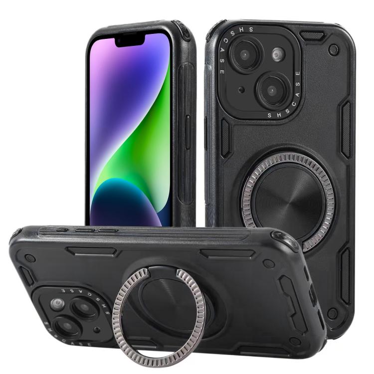 

For iPhone 14 Three-core Mecha 360 Degree Rotation Magnetic Holder Phone Case(Black)