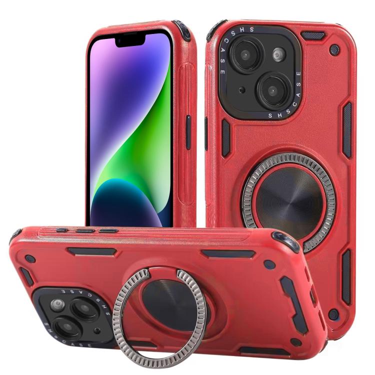 

For iPhone 14 Three-core Mecha 360 Degree Rotation Magnetic Holder Phone Case(Red)