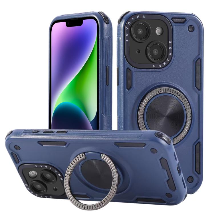 

For iPhone 14 Three-core Mecha 360 Degree Rotation Magnetic Holder Phone Case(Royal Blue)