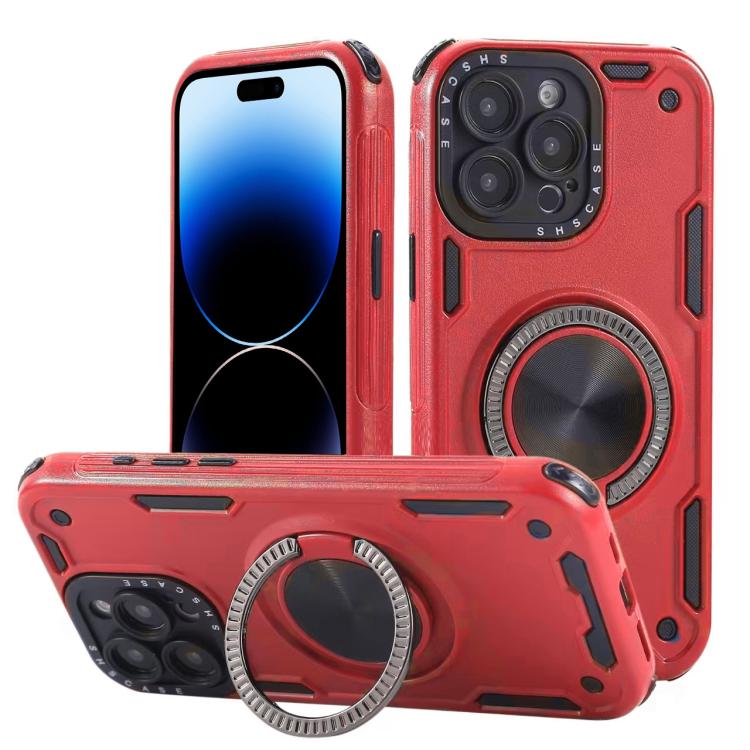 

For iPhone 14 Pro Max Three-core Mecha 360 Degree Rotation Magnetic Holder Phone Case(Red)