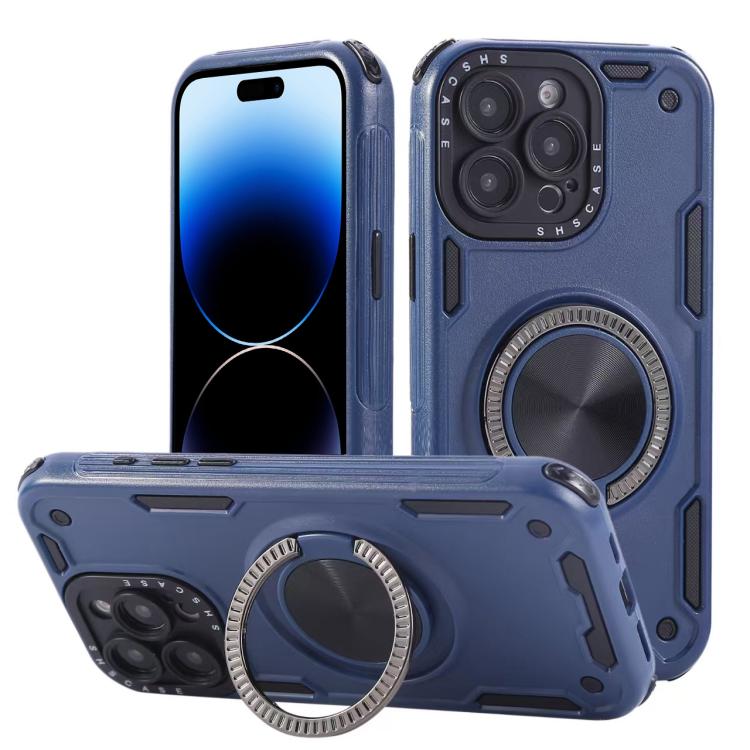 

For iPhone 14 Pro Max Three-core Mecha 360 Degree Rotation Magnetic Holder Phone Case(Royal Blue)
