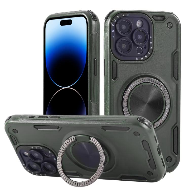 

For iPhone 14 Pro Max Three-core Mecha 360 Degree Rotation Magnetic Holder Phone Case(Army Green)