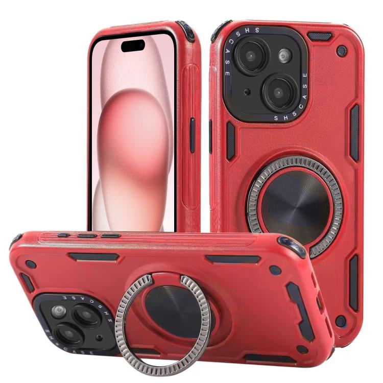 

For iPhone 15 Three-core Mecha 360 Degree Rotation Magnetic Holder Phone Case(Red)
