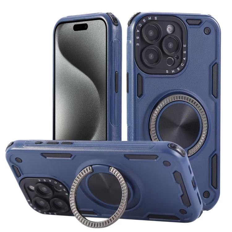 

For iPhone 15 Pro Max Three-core Mecha 360 Degree Rotation Magnetic Holder Phone Case(Royal Blue)
