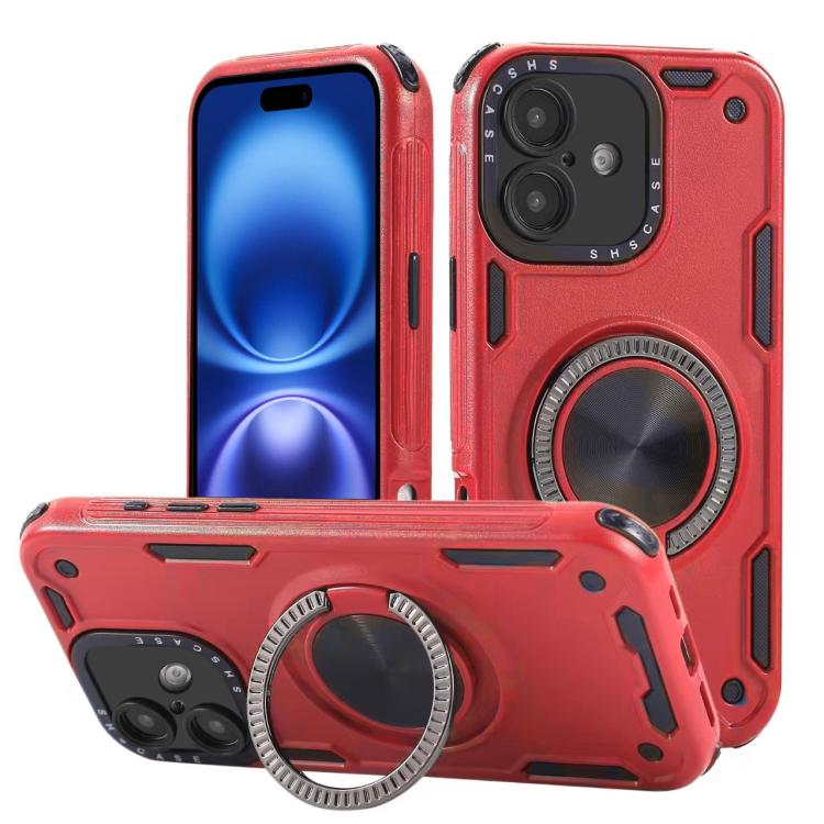 

For iPhone 16 Three-core Mecha 360 Degree Rotation Magnetic Holder Phone Case(Red)