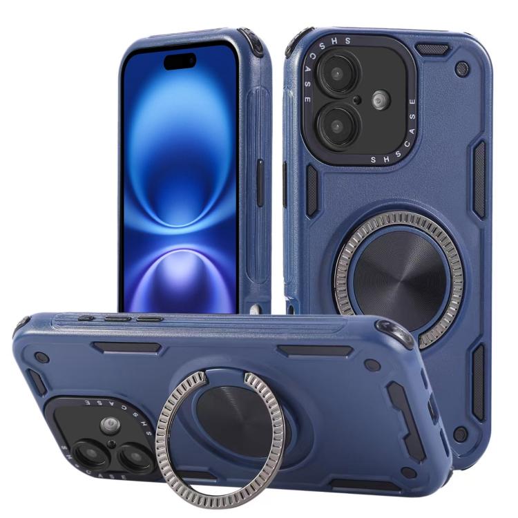 

For iPhone 16 Three-core Mecha 360 Degree Rotation Magnetic Holder Phone Case(Royal Blue)