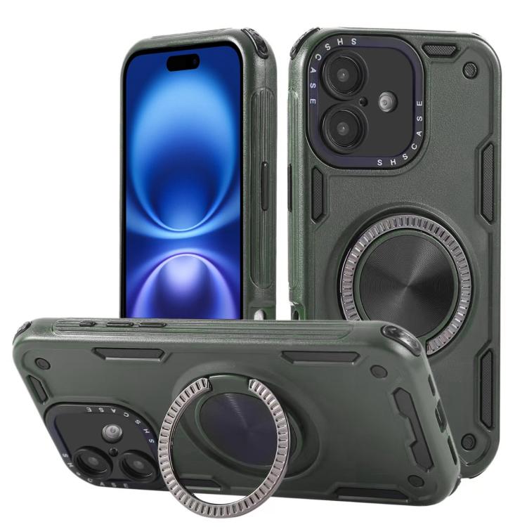 

For iPhone 16 Three-core Mecha 360 Degree Rotation Magnetic Holder Phone Case(Army Green)