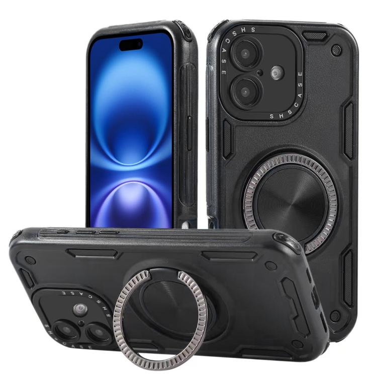 

For iPhone 16 Plus Three-core Mecha 360 Degree Rotation Magnetic Holder Phone Case(Black)
