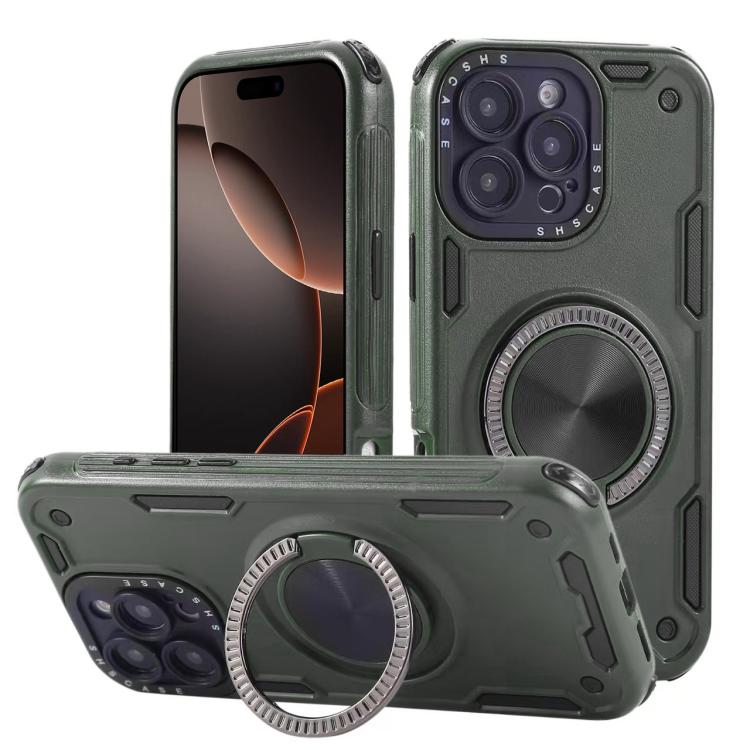 

For iPhone 16 Pro Three-core Mecha 360 Degree Rotation Magnetic Holder Phone Case(Army Green)