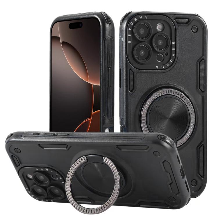 

For iPhone 16 Pro Max Three-core Mecha 360 Degree Rotation Magnetic Holder Phone Case(Black)