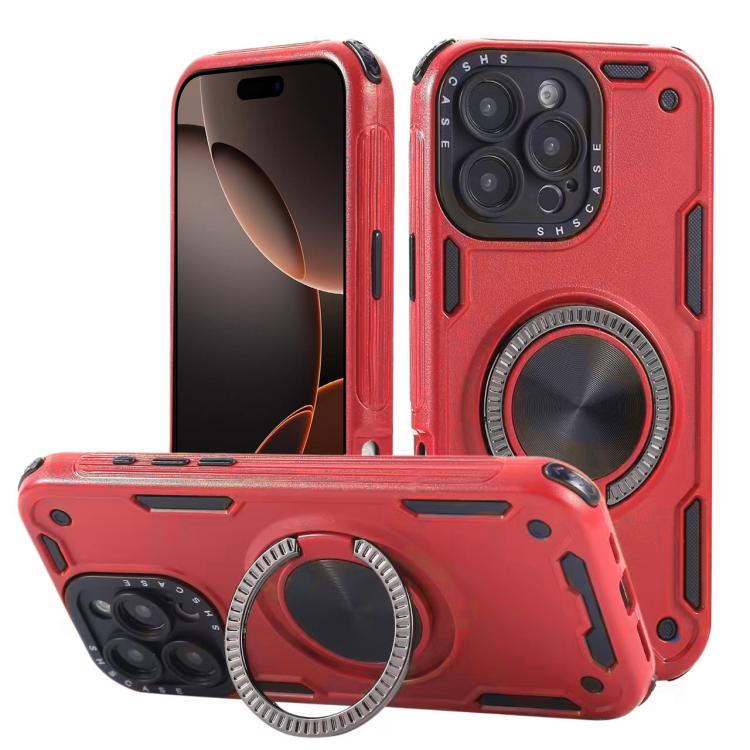 

For iPhone 16 Pro Max Three-core Mecha 360 Degree Rotation Magnetic Holder Phone Case(Red)
