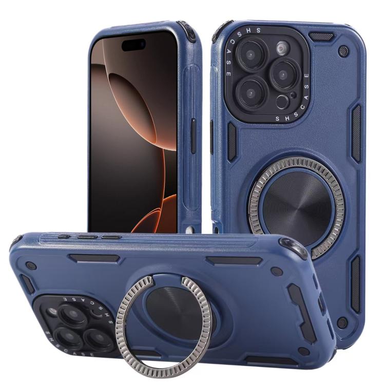 

For iPhone 16 Pro Max Three-core Mecha 360 Degree Rotation Magnetic Holder Phone Case(Royal Blue)
