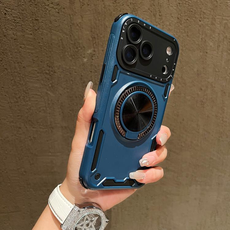 

For iPhone 17 Pro Three-core Mecha 360 Degree Rotation Magnetic Holder Phone Case(Royal Blue)