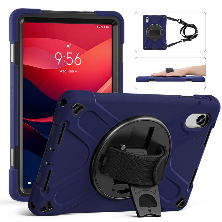 

For Lenovo Xiaoxin Pad 11 2025 Rotatable Holder Silicone Hybrid PC Tablet Case with Shoulder Strap(Navy Blue)