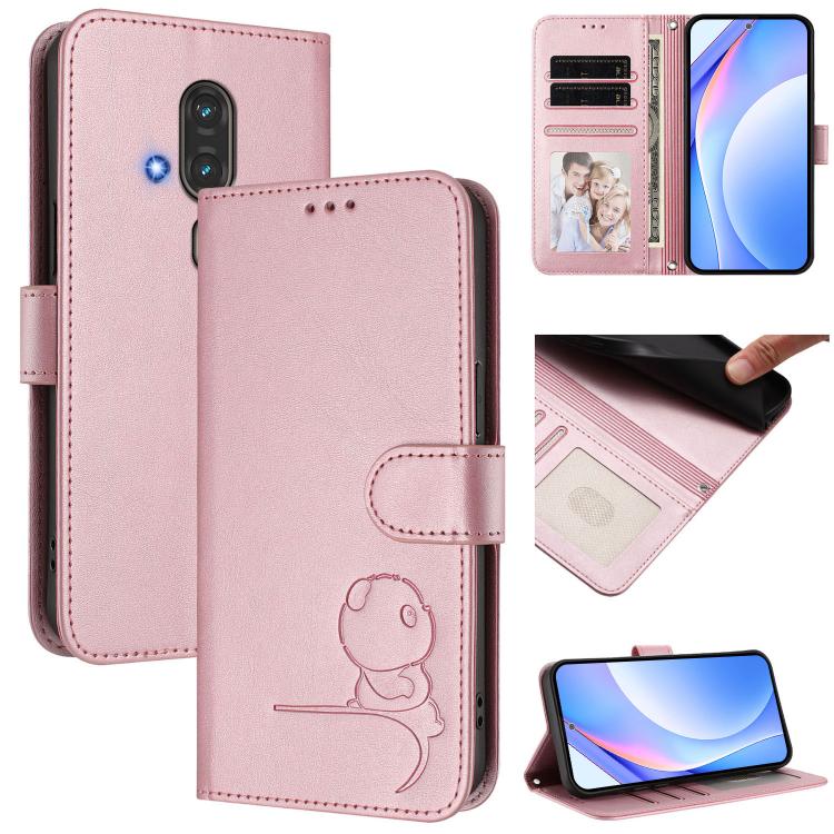 

For Fujitsu FCNT Rakuraku F-53E Litter Panda Embossing RFID Leather Phone Case with Lanyard(Pink)