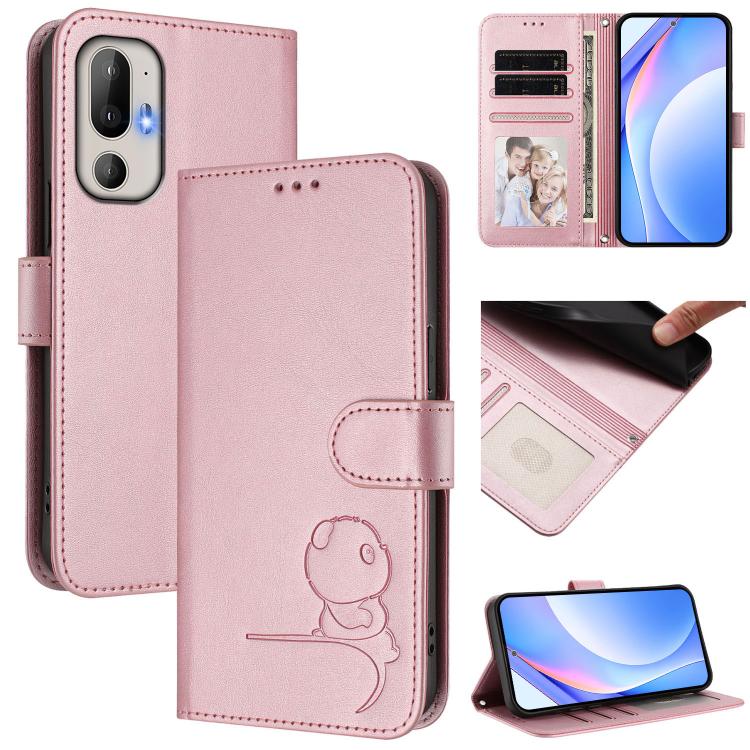 

For HTC U24 Pro Litter Panda Embossing RFID Leather Phone Case with Lanyard(Pink)