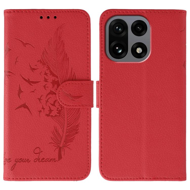 

For OnePlus 15 Feather Pattern Litchi Texture Leather Phone Case(Red)