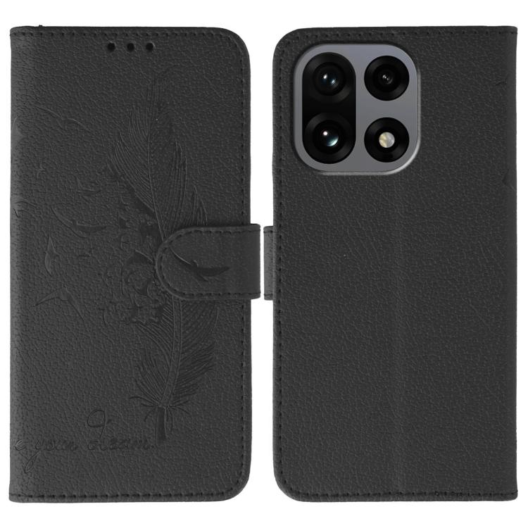 

For OnePlus 15 Feather Pattern Litchi Texture Leather Phone Case(Black)