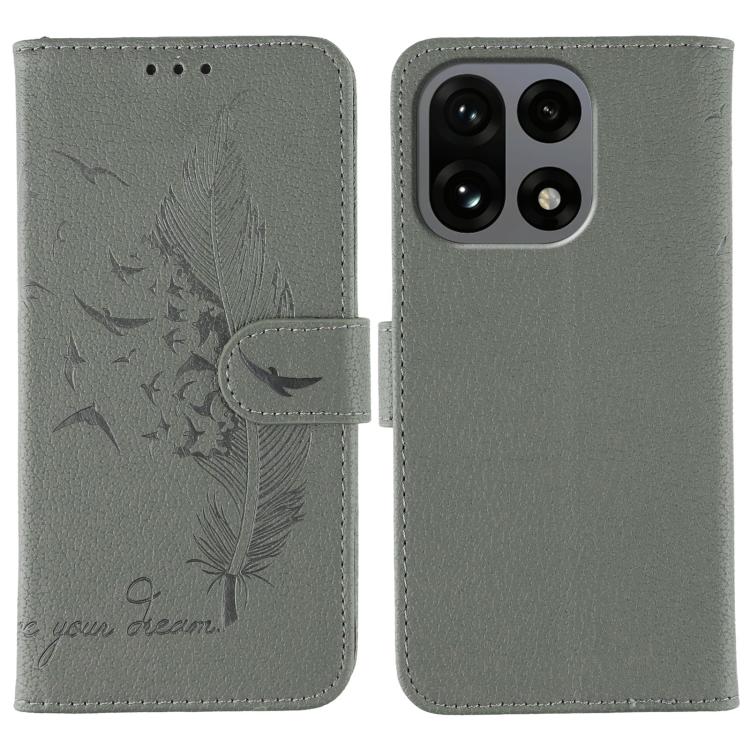

For OnePlus 15 Feather Pattern Litchi Texture Leather Phone Case(Gray)
