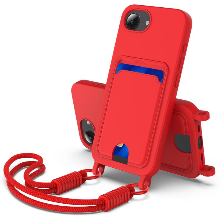 

For iPhone 17e / 16e Integrated Card Bag Solid Color Liquid Silicone Phone Case Gen2 with Short Lanyard(Red)