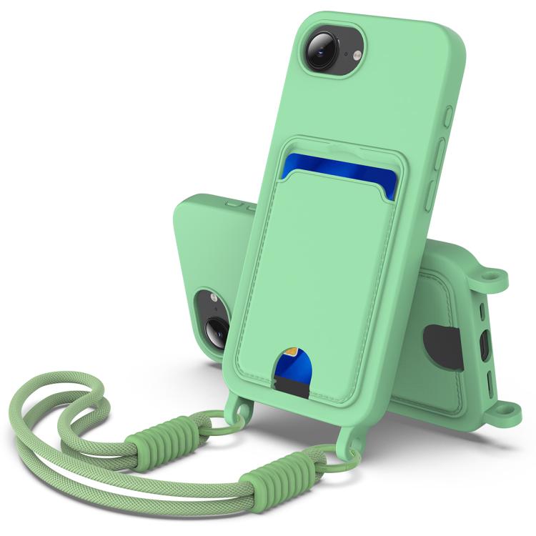 

For iPhone 16e Integrated Card Bag Solid Color Liquid Silicone Phone Case Gen2 with Short Lanyard(Green)