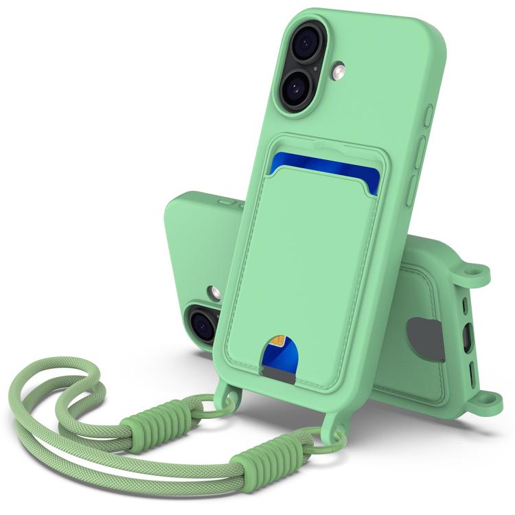 

For iPhone 17 Integrated Card Bag Solid Color Liquid Silicone Phone Case Gen2 with Short Lanyard(Green)