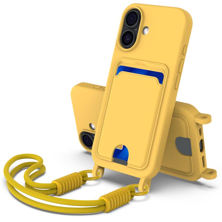 

For iPhone 17 Integrated Card Bag Solid Color Liquid Silicone Phone Case Gen2 with Short Lanyard(Yellow)