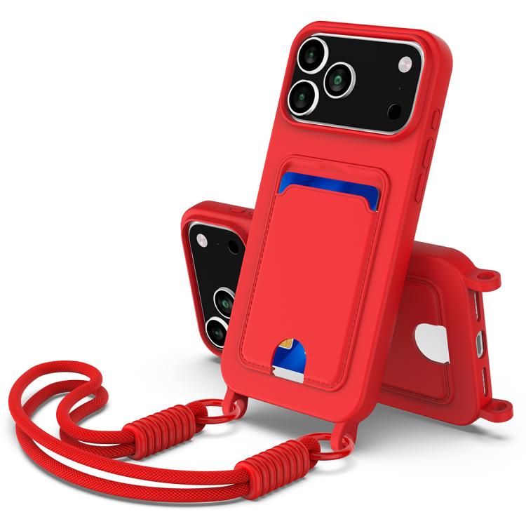 

For iPhone 17 Pro Max Integrated Card Bag Solid Color Liquid Silicone Phone Case Gen2 with Short Lanyard(Red)