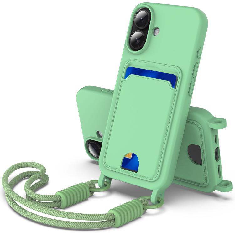 

For iPhone 16 Plus Integrated Card Bag Solid Color Liquid Silicone Phone Case Gen2 with Short Lanyard(Green)