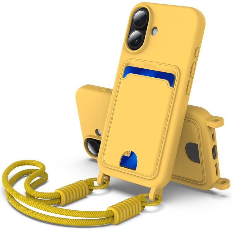 

For iPhone 16 Plus Integrated Card Bag Solid Color Liquid Silicone Phone Case Gen2 with Short Lanyard(Yellow)