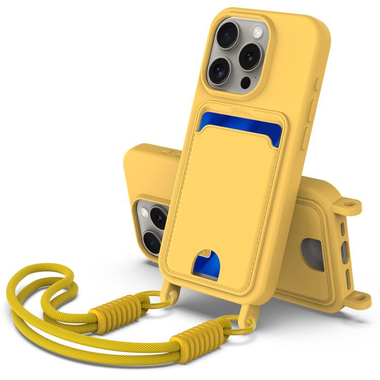 

For iPhone 15 Pro Max Integrated Card Bag Solid Color Liquid Silicone Phone Case Gen2 with Short Lanyard(Yellow)