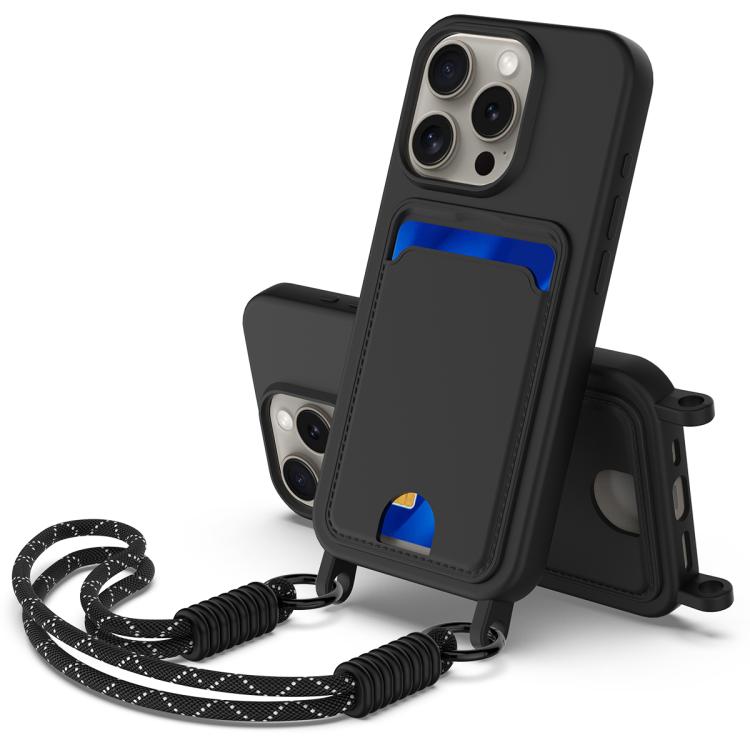 

For iPhone 14 Pro Integrated Card Bag Solid Color Liquid Silicone Phone Case Gen2 with Short Lanyard(Black)