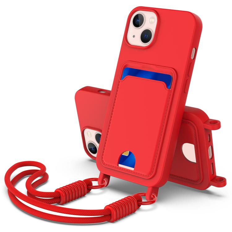 

For iPhone 15 Plus / 14 Plus Integrated Card Bag Solid Color Liquid Silicone Phone Case Gen2 with Short Lanyard(Red)