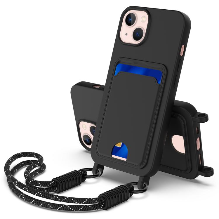 

For iPhone 15 Integrated Card Bag Solid Color Liquid Silicone Phone Case Gen2 with Short Lanyard(Black)