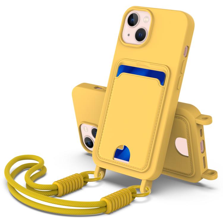 

For iPhone 15 Integrated Card Bag Solid Color Liquid Silicone Phone Case Gen2 with Short Lanyard(Yellow)