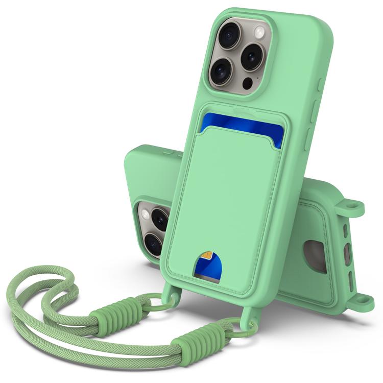 

For iPhone 12 Pro Max Integrated Card Bag Solid Color Liquid Silicone Phone Case Gen2 with Short Lanyard(Green)